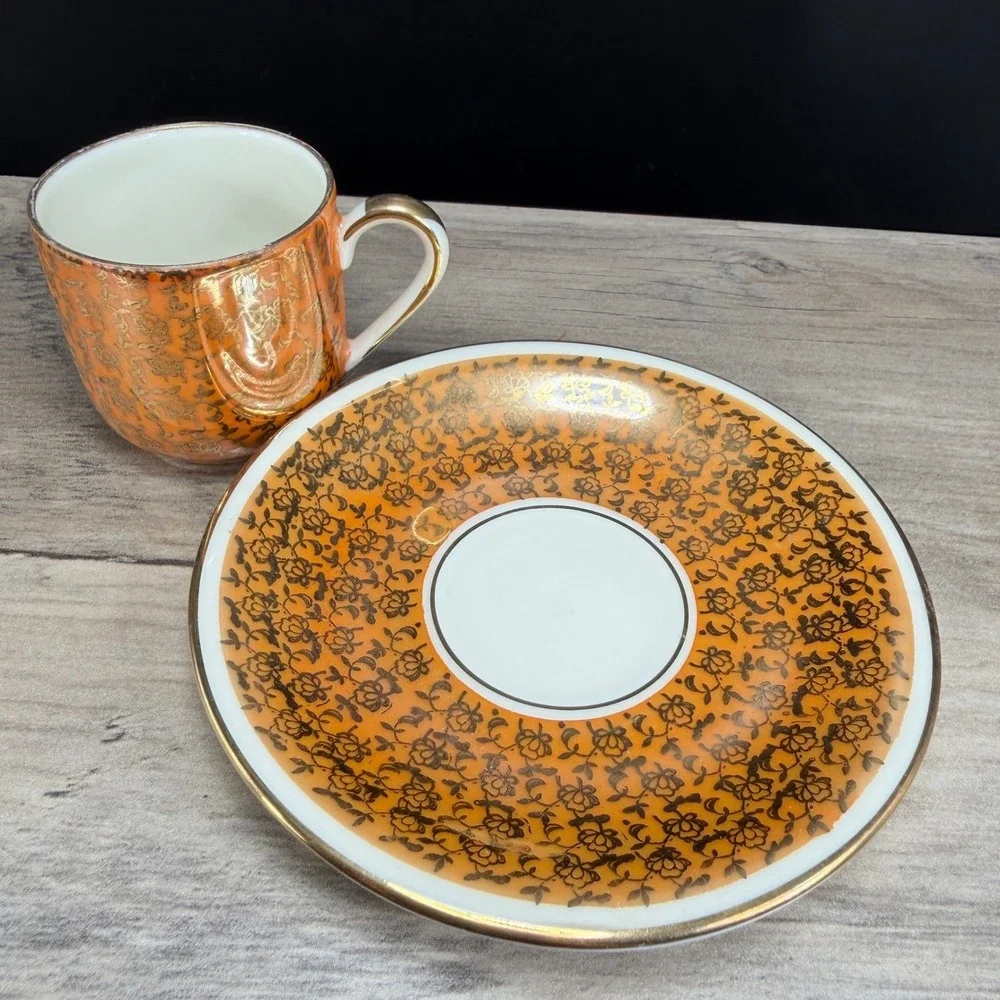 Alka Bavaria Germany Demitasse Cup Saucer‎ Set Orange Luster Gold Filigree VTG